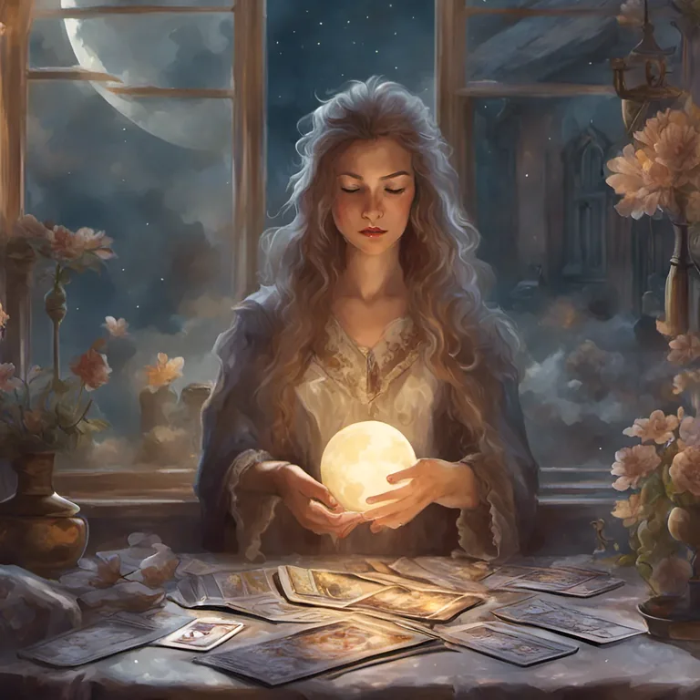 A young woman at a moonlit window holds a glowing orb, with a tarot spread on the table. Arcana Soul.